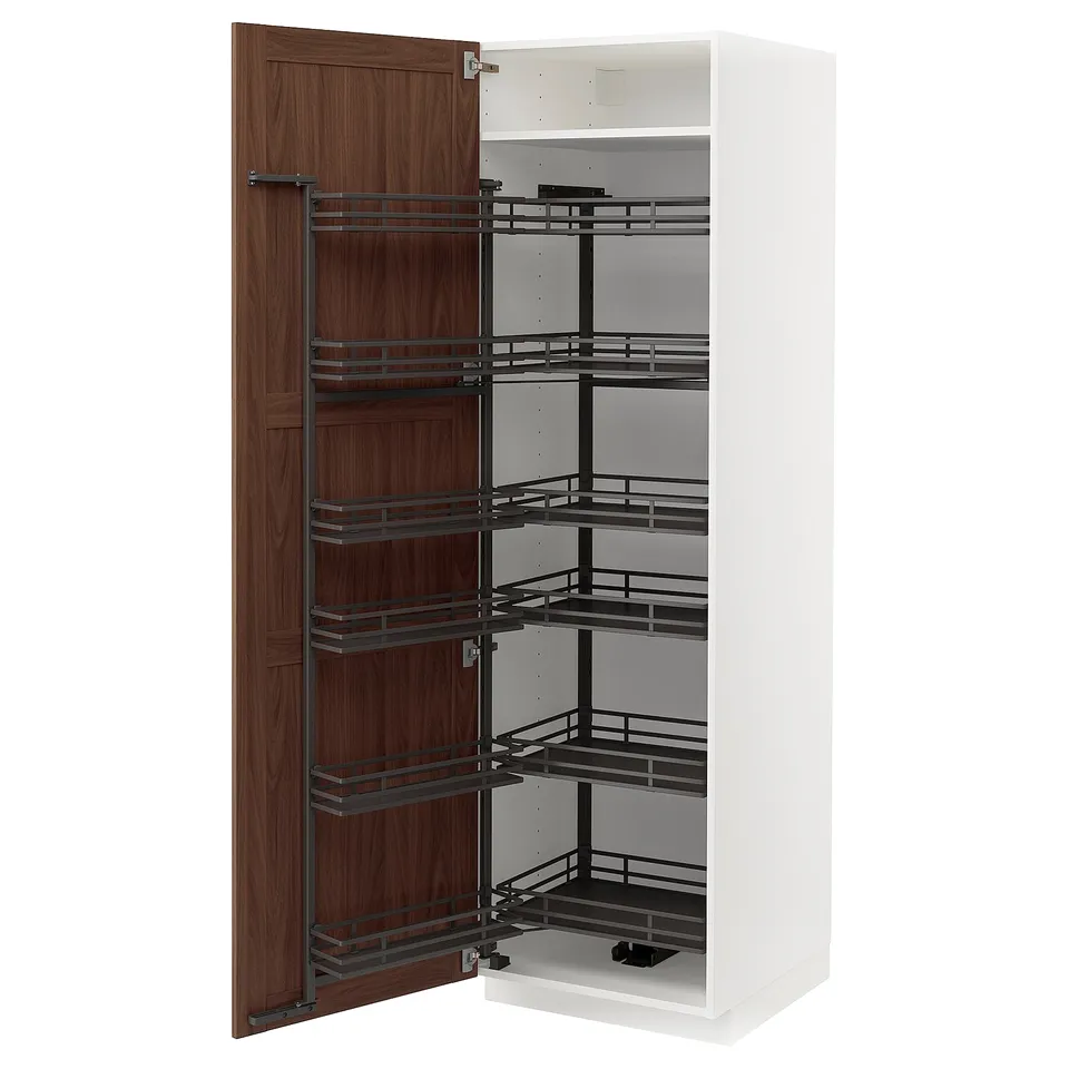 White METOD cabinet with walnut door, pull-out racks, metal shelves.