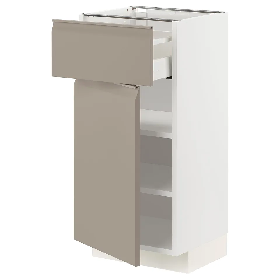 Modern kitchen cabinet in light grey, featuring drawers and adjustable shelves, sleek minimalist design.
