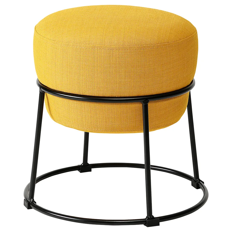 Bright yellow circular pouffe with black metal frame, unique design, soft fabric seat.