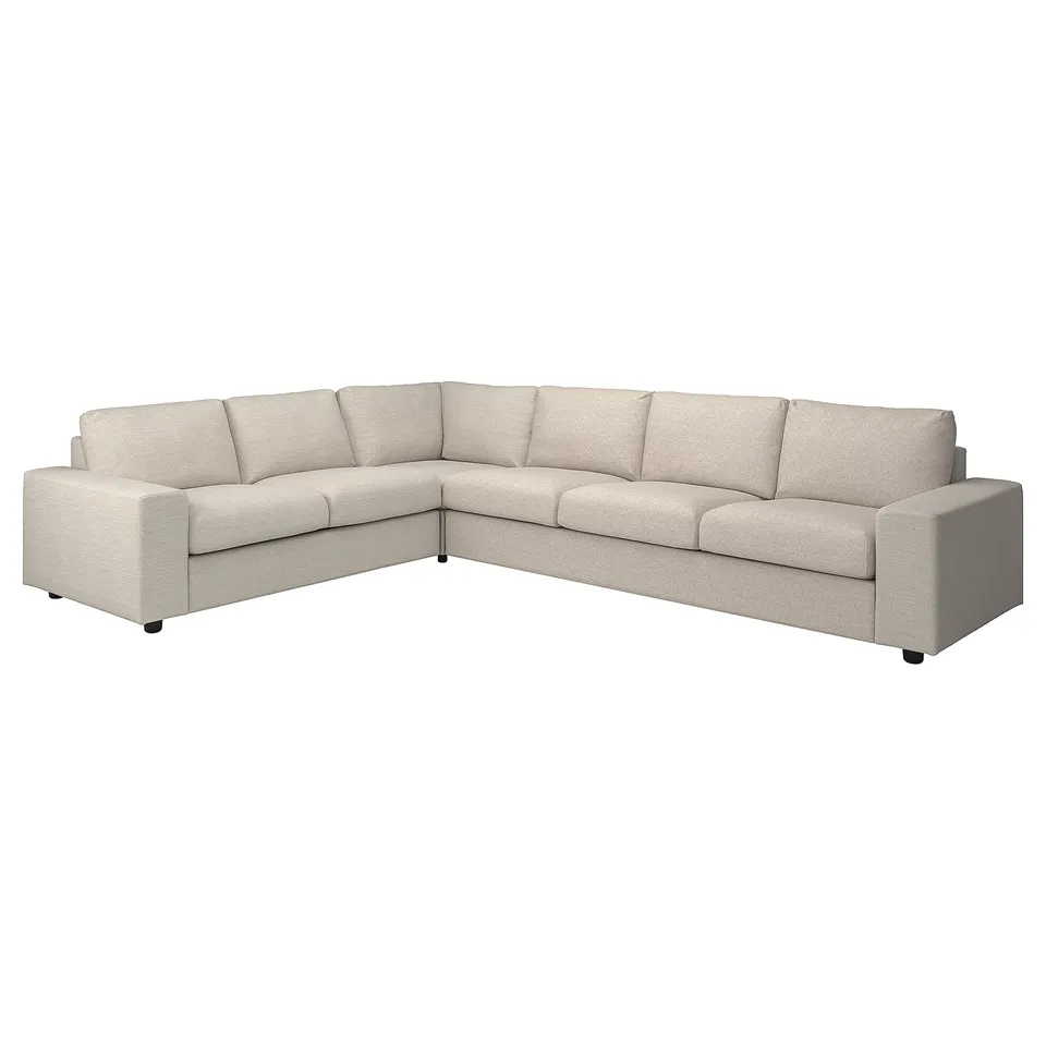 Beige VIMLE sectional sofa, l-shape, modern design, upholstered in recycled polyester.