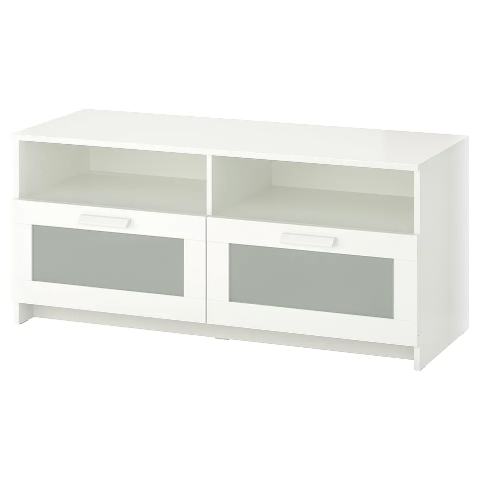 A white BRIMNES tv stand with four compartments, two glass doors, and two open shelves for storage and cable management.