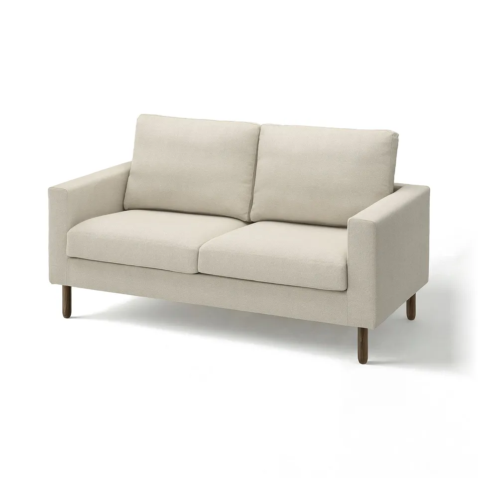 Beige upholstered sofa with wooden legs, modern minimalist design, cushioned seating and backrest.