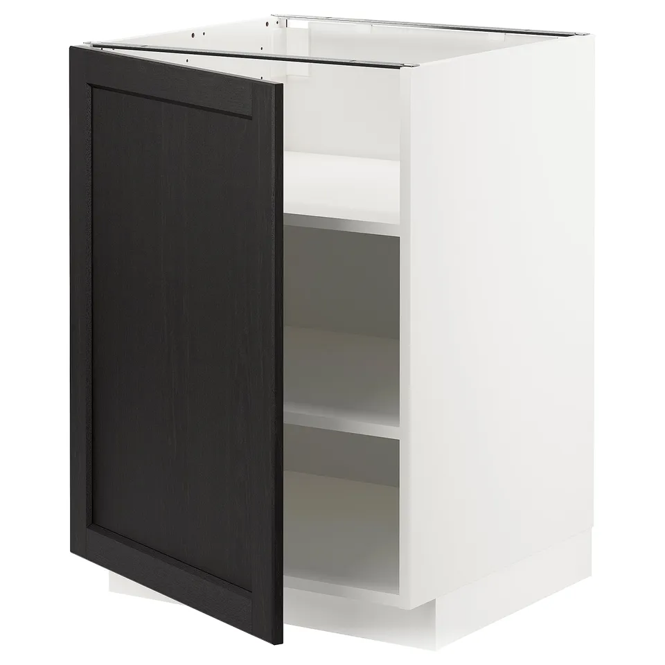 White & stained kitchen cabinet with open door and two shelves.