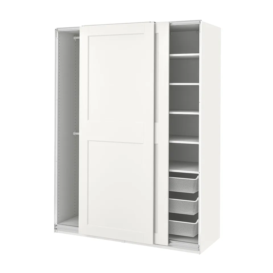 White PAX wardrobe, open doors revealing grey shelves and mesh baskets.
