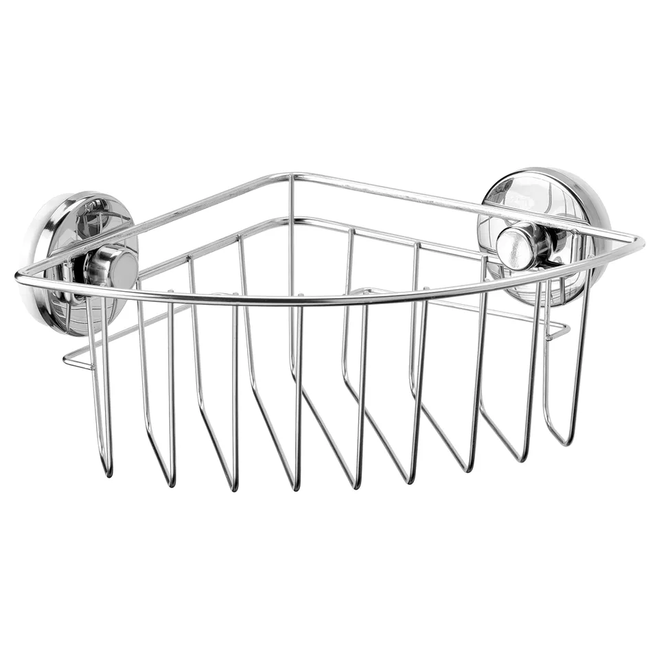 A KROKFJORDEN shower basket in silver. It has a metallic wire frame with suction cups for wall mounting.