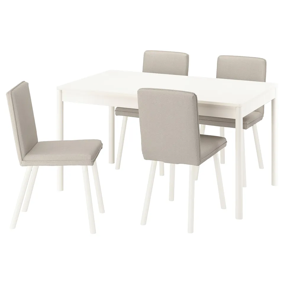 Modern white extending dining table with four beige cushioned chairs, sleek design.