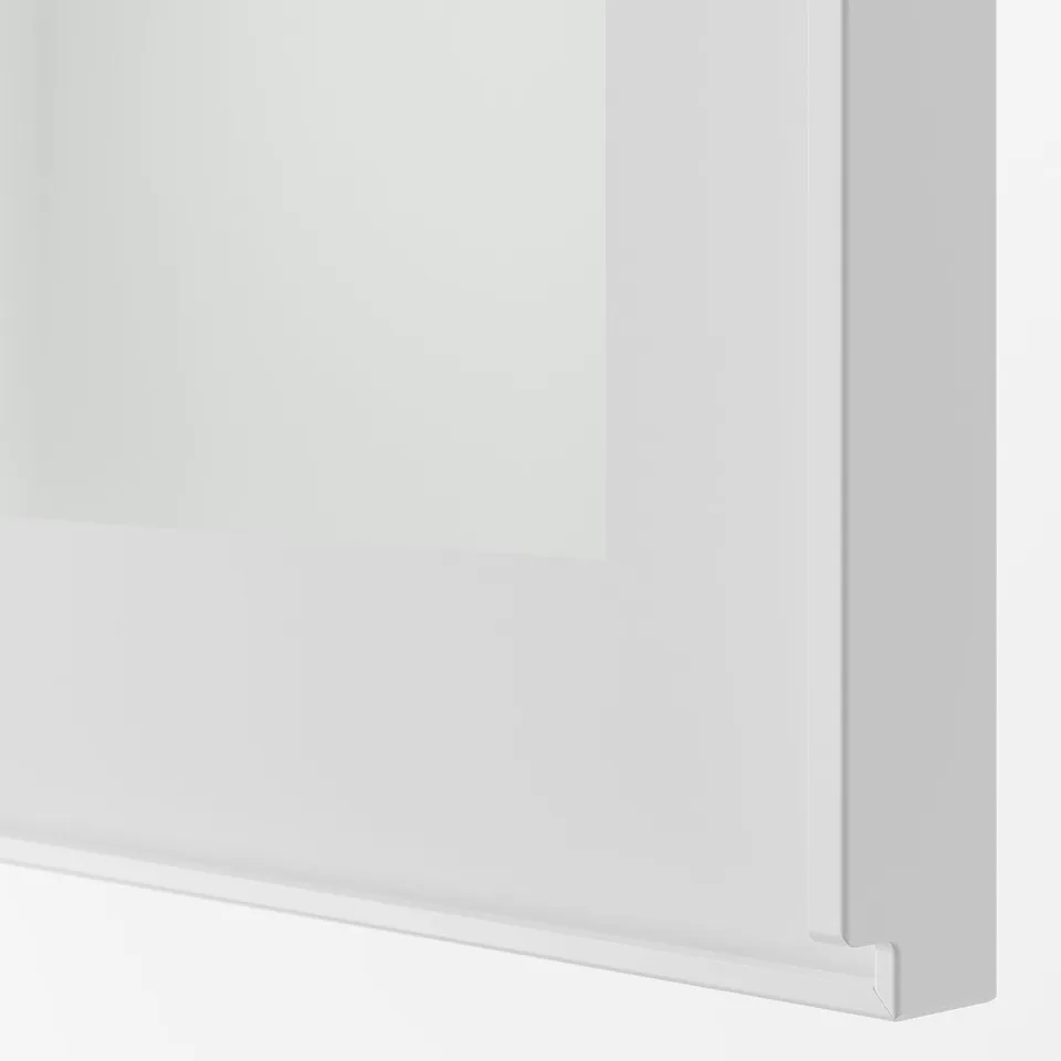 White glass cabinet door; sleek, modern, with integrated handle; high-quality finish.