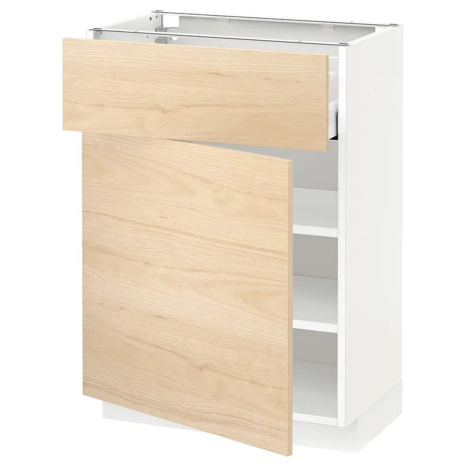 A modern white METOD kitchen cabinet with light wood drawers and shelves. The cabinet has a sleek design with a drawer and open storage space.