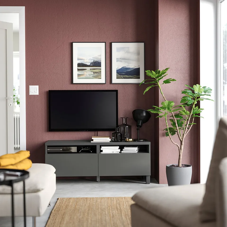 Modern living room with maroon wall, white couch, grey tv stand holding a flat-screen tv and houseplant, framed nature prints above.