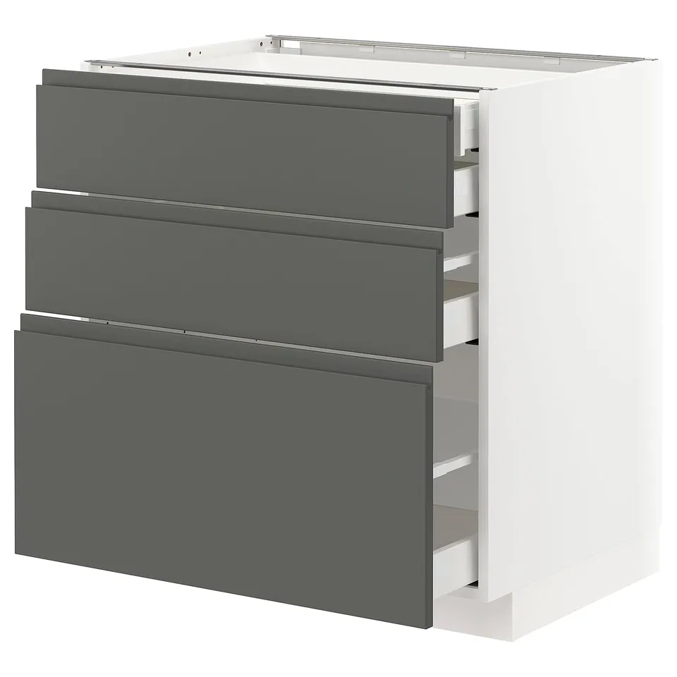 Modern grey-white kitchen cabinet with three drawers and sleek design.
