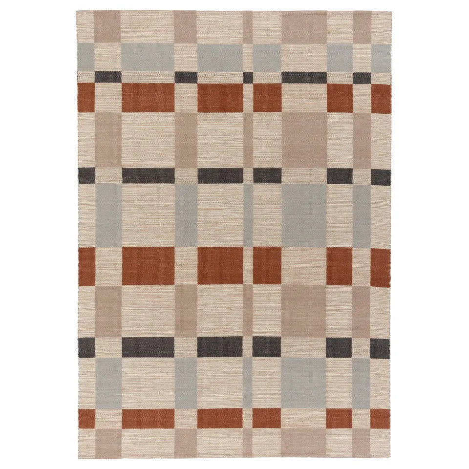 BLÅLJUS chequered rug in brown, beige, grey, black - handwoven wool & jute.