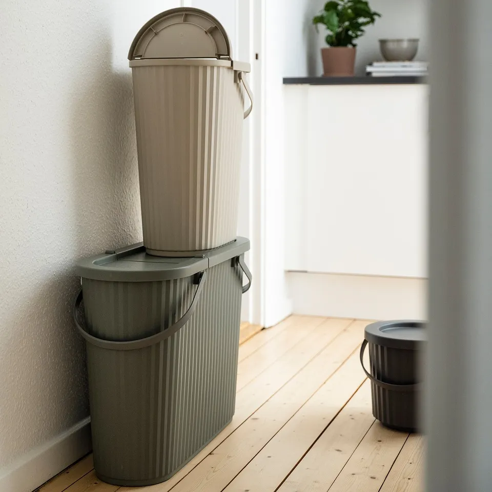 Three DAMMÄNG bins - two beige, one grey, stacked neatly. Perfect for kitchen waste sorting.