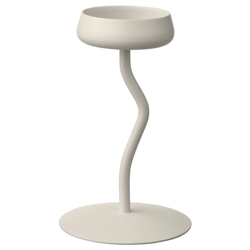 White SILVERPÄRON candlestick, curved steel stem, modern decor.