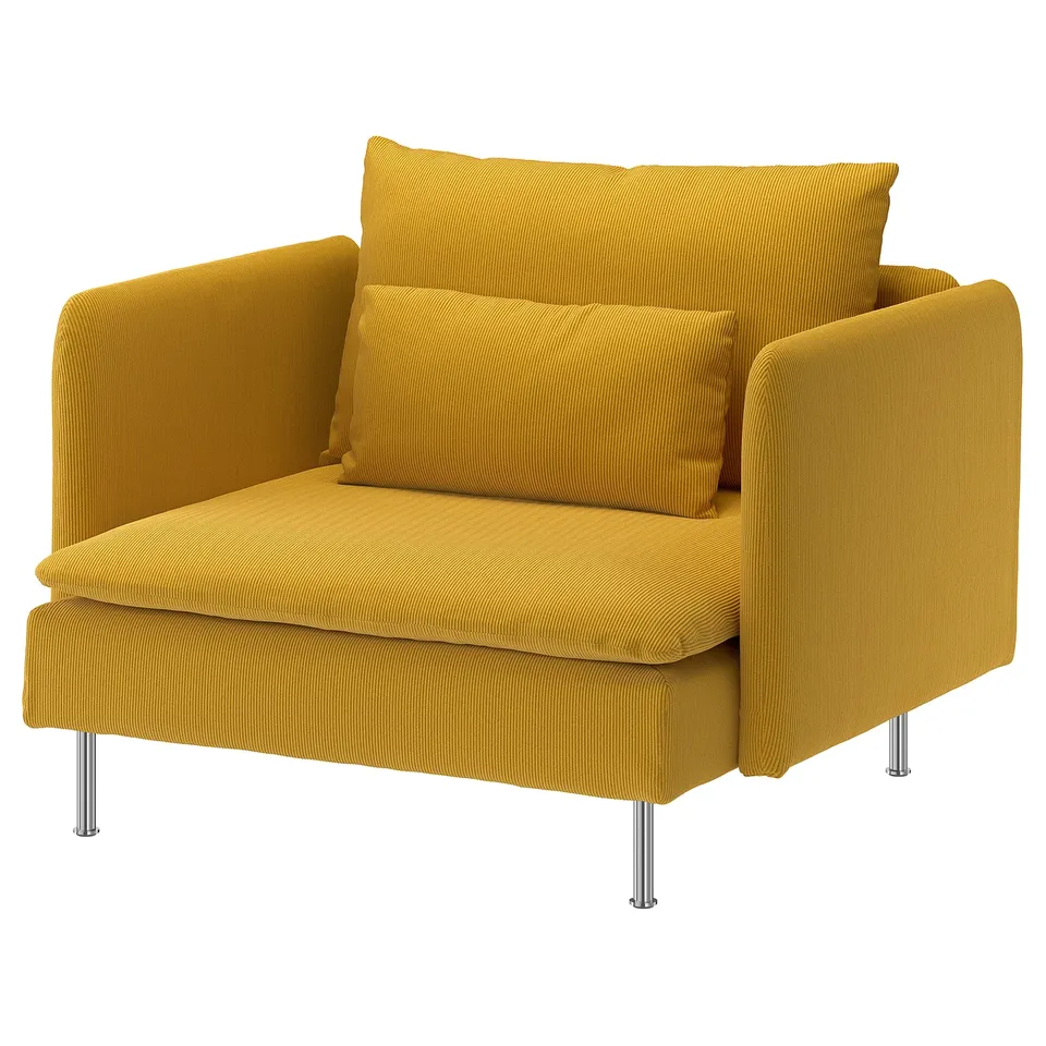 Bright yellow, modern chair with smooth, round edges and metal legs. Supportive back pillows for comfort.