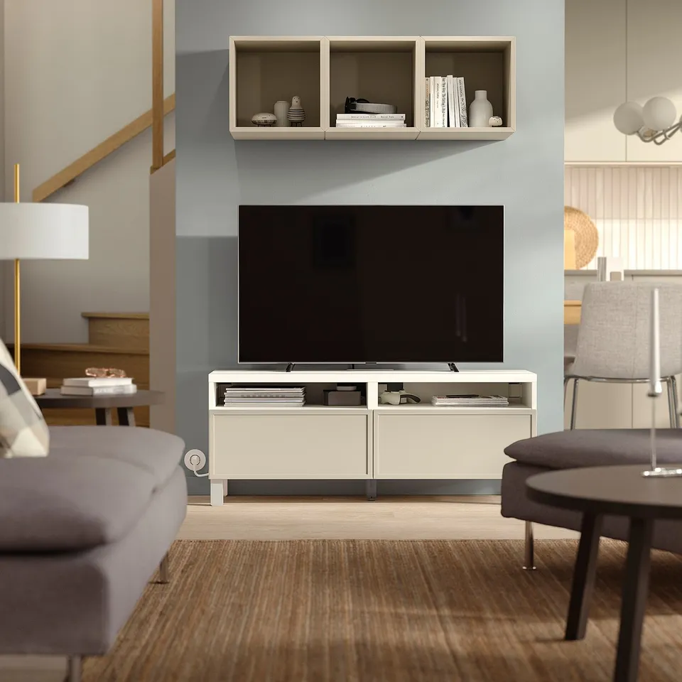 BESTÅ TV bench with drawers, white/Krukmakare beige, 120x42x48 cm