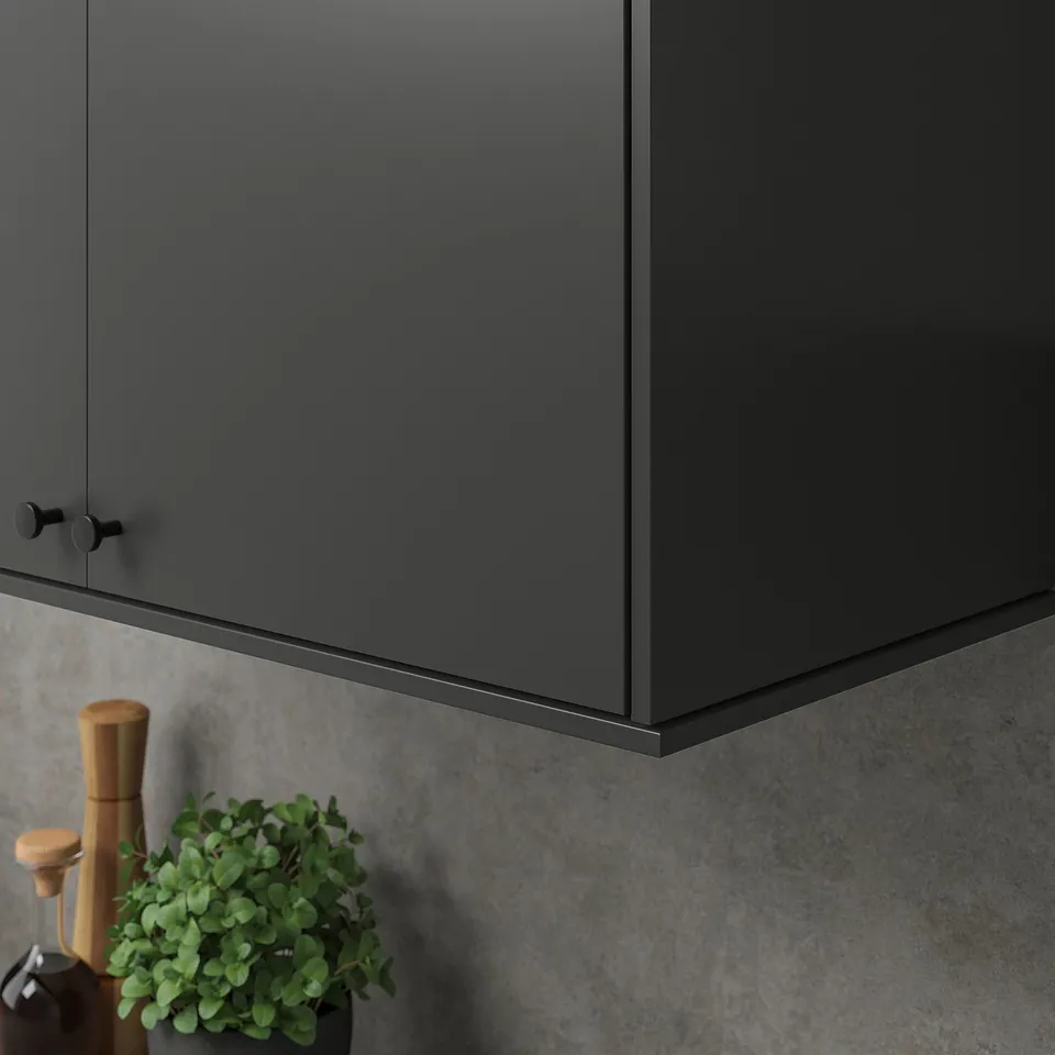 Grey cabinet, black handle, light, plant, coffee.