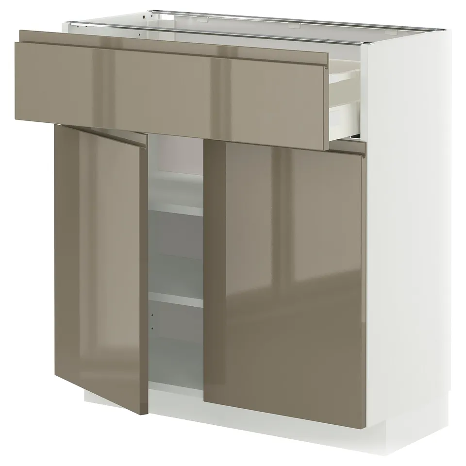 Modern kitchen cabinet with dark grey-brown mirrored doors and drawers, featuring sleek handles and storage shelves.