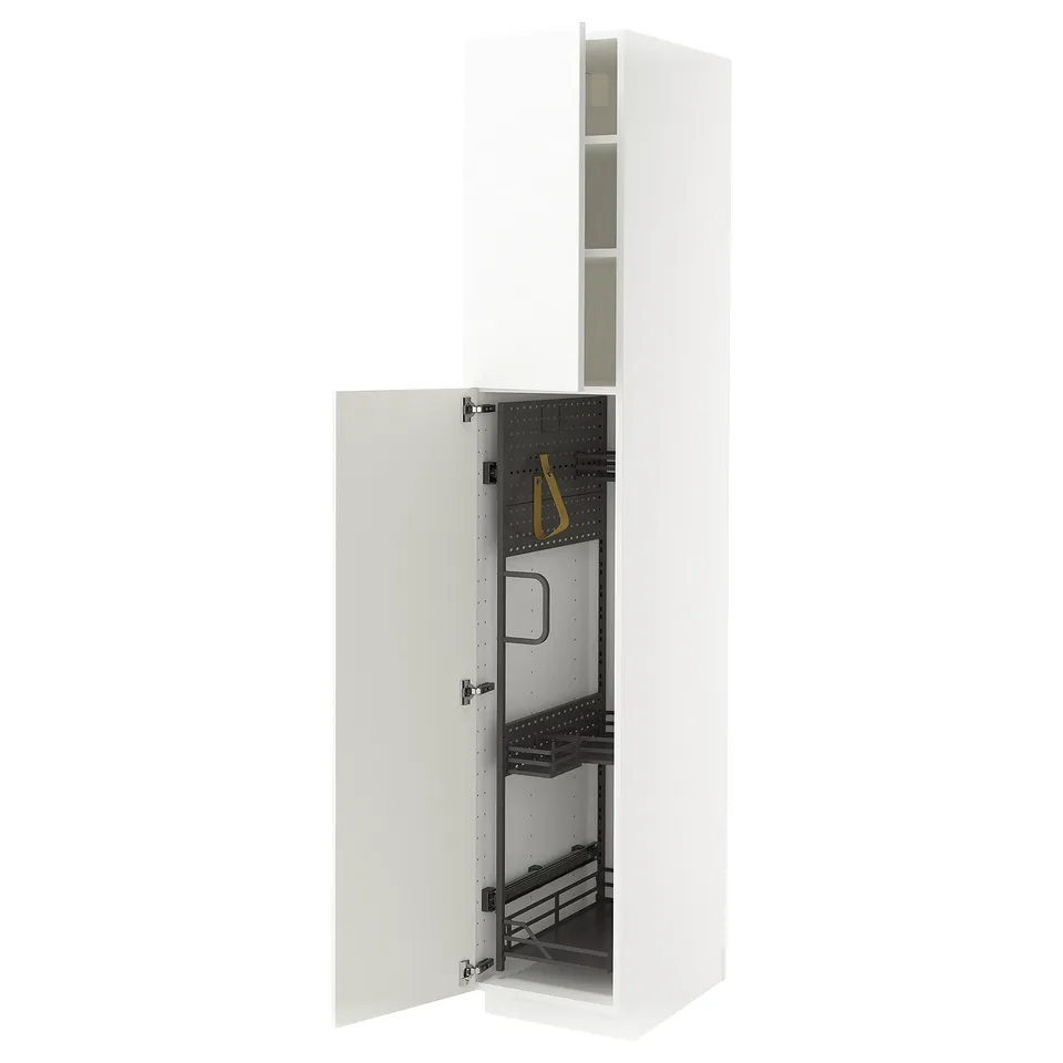 White METOD kitchen cabinet, high gloss, open doors, metal hinges and pull-out organisers.