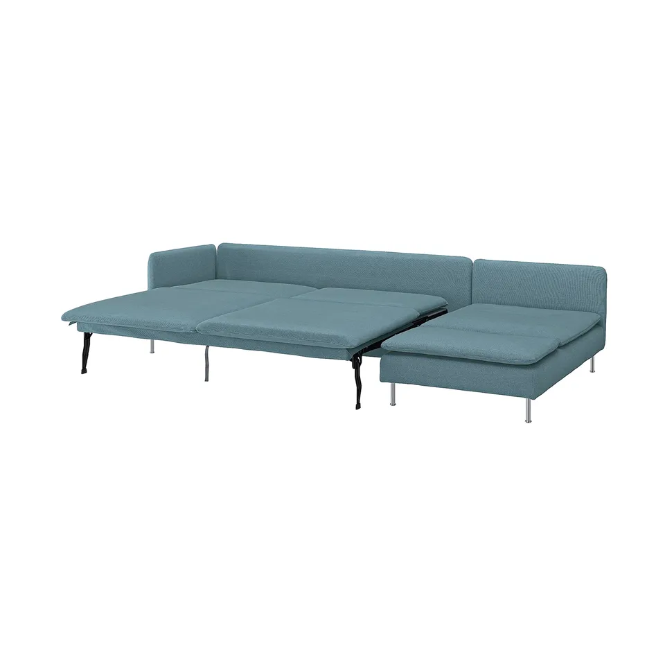 Blue convertible sofa with slim lines and soft cushions.