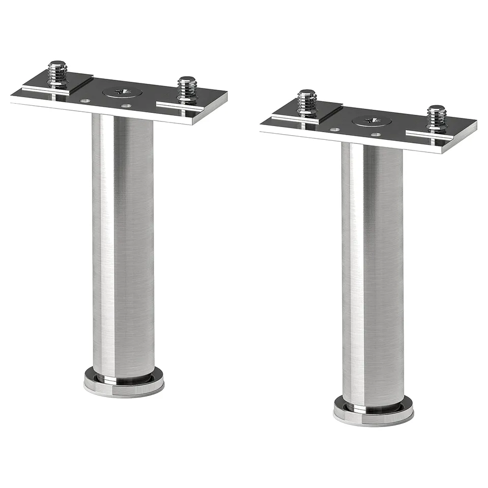 Two silver stainless steel ALMAÅN legs for cabinets. Each has a rectangular top plate and a circular base, ideal for bathroom stability.
