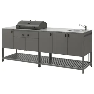 BÅTSKÄR outdoor ktchn w chrcl bbq+sink unit, dark grey, 240x60 cm