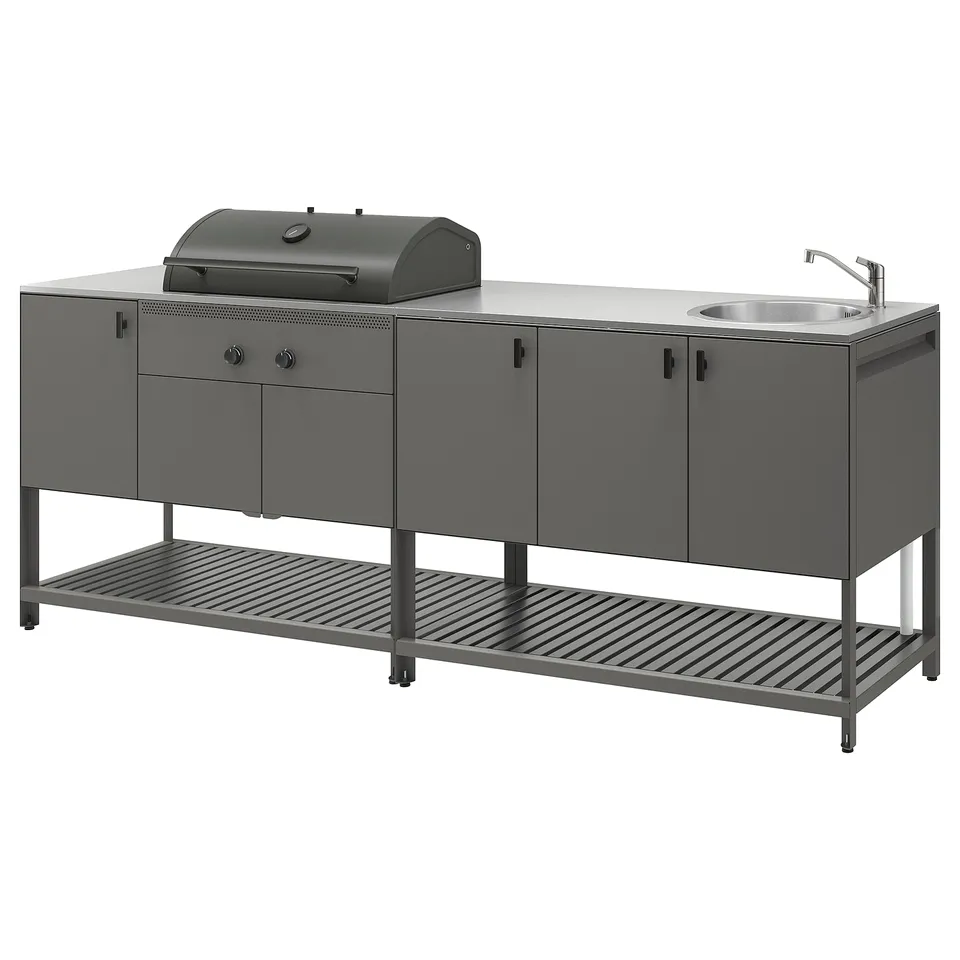 BÅTSKÄR Outdoor ktchn w chrcl bbq+sink unit, dark grey, 240x60 cm