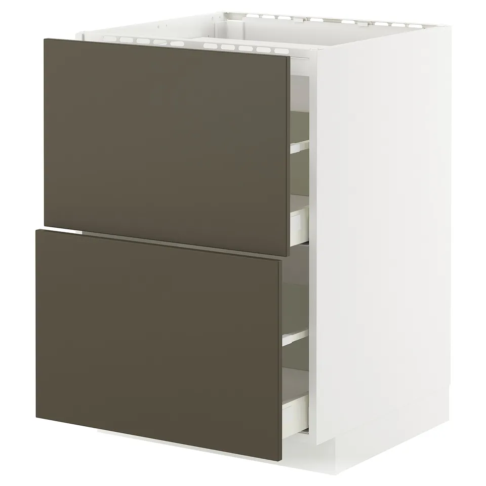 Modern kitchen cabinet, white with brown drawers, rectangular shape, sleek design.