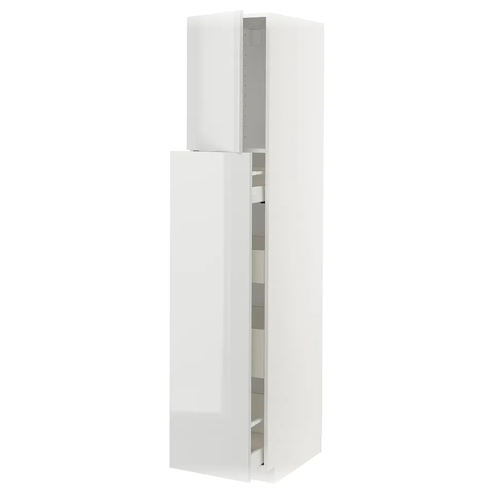 White kitchen cabinet with vertical open sections, high gloss design.