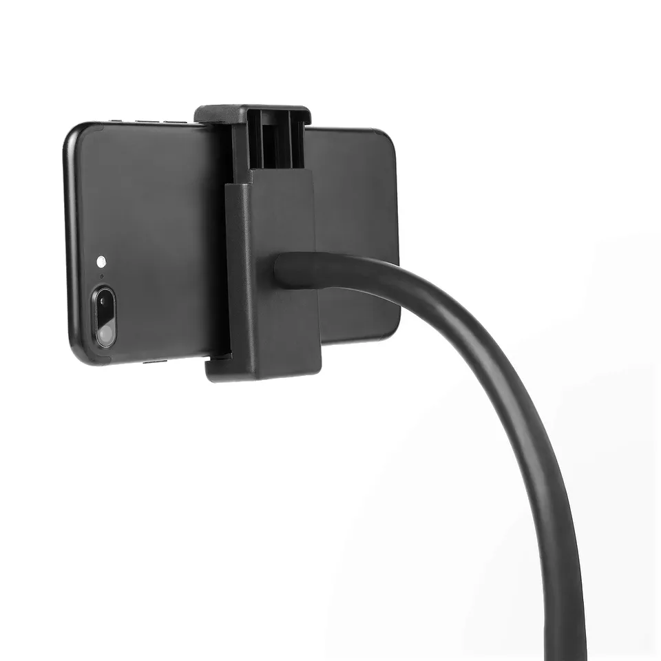Black phone holder with adjustable gooseneck, securely holding smartphone for optimal video streaming.
