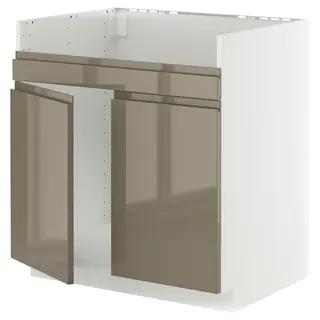 METOD base cab f HAVSEN double bowl sink, white/Voxtorp high-gloss dark grey-brown, 80x60x80 cm