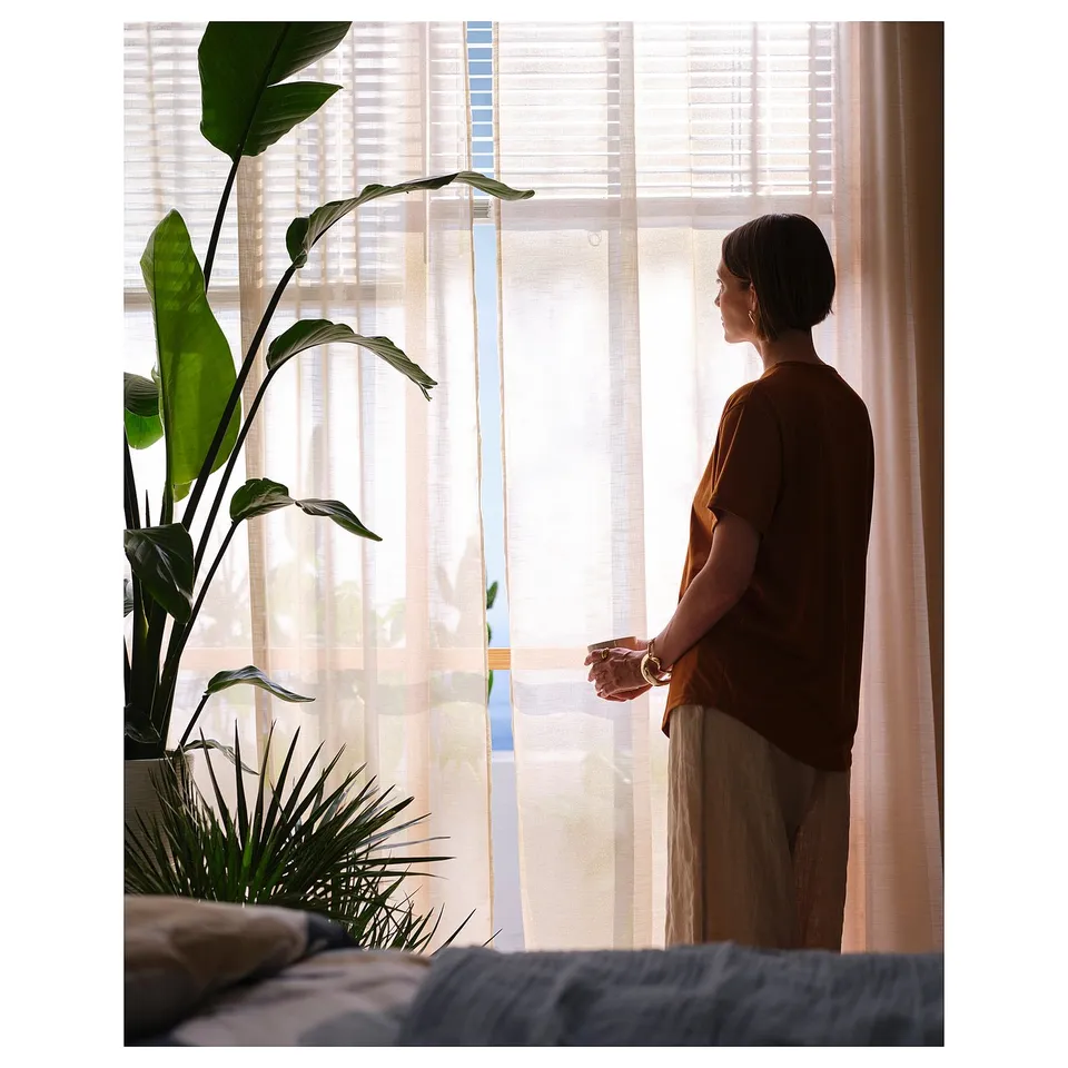 HÄLLEBRÄCKA Sheer curtains, 1 pair, light beige/with heading tape, 145x300 cm