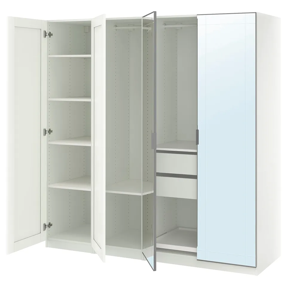 White PAX wardrobe with mirrored doors and open shelves.