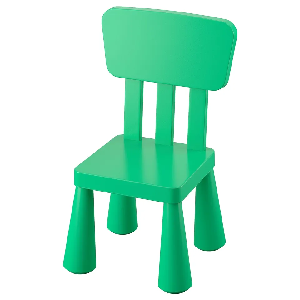 Bright green kids chair, plastic, square seat, wide back, four angled legs.
