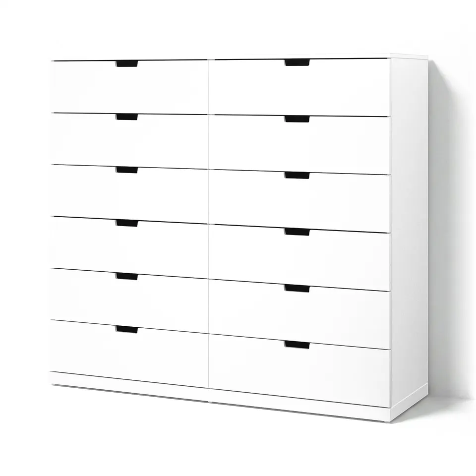 NORDLI white chest of 9 drawers. Modern, square, and minimalist design. Made of particleboard and fibreboard with clean lines.