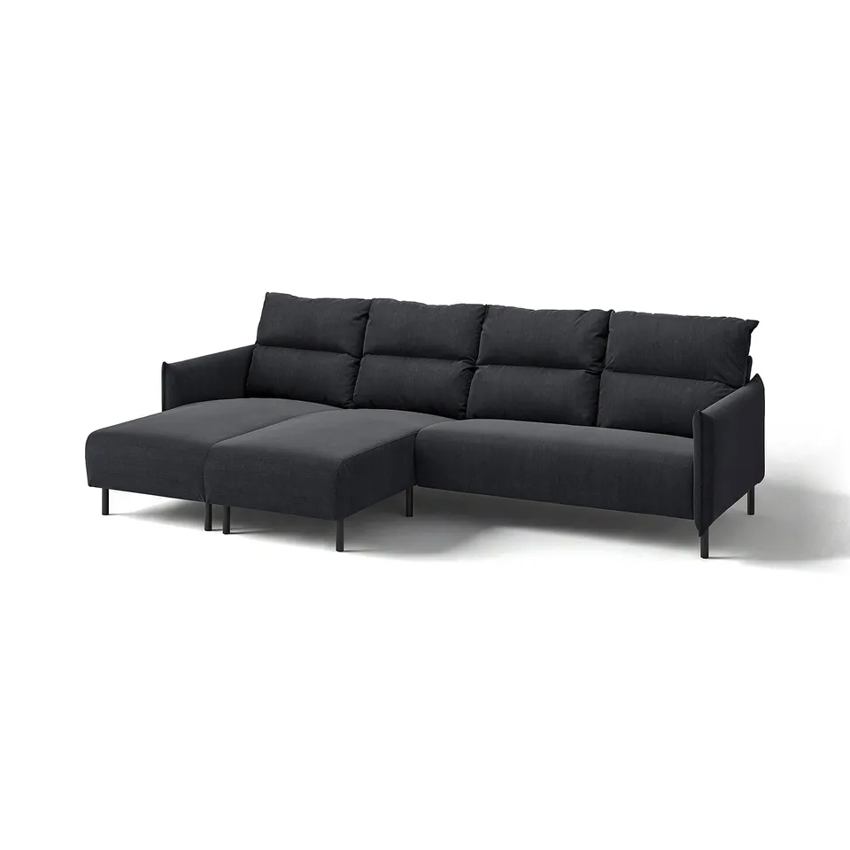 Modern dark grey l-shaped sofa with high back, soft cushions, and black metal legs.