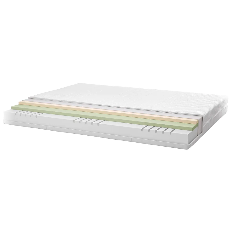 A foam mattress with layers. Top layer is white mesh. Middle layers feature green and beige pu foam. Bottom layer is white with slats.