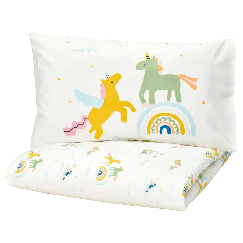 BARNDRÖM bedding: white with colourful unicorn & rainbow designs, cotton duvet & pillowcase.