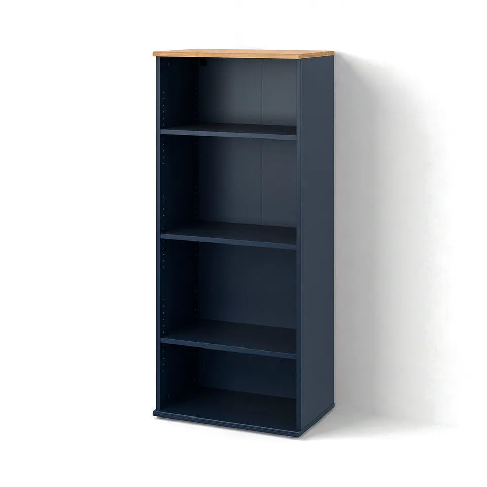SKRUVBY tall dark blue bookcase, wooden top, 3 shelves.