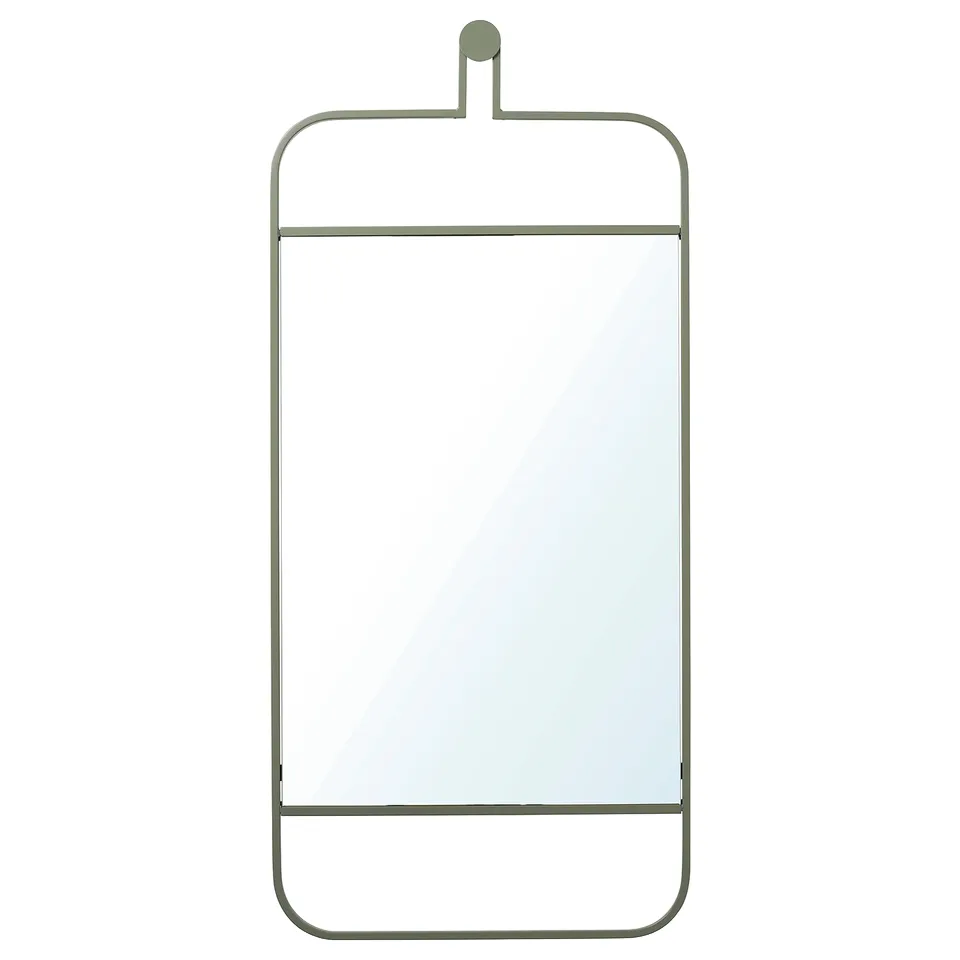GRANVÅG mirror, olive green, metal frame, rectangular, wall-mounted, with hooks.
