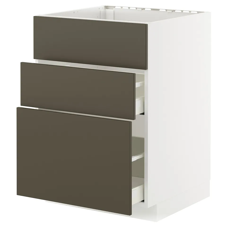 METOD kitchen unit in white with three dark brown drawers.