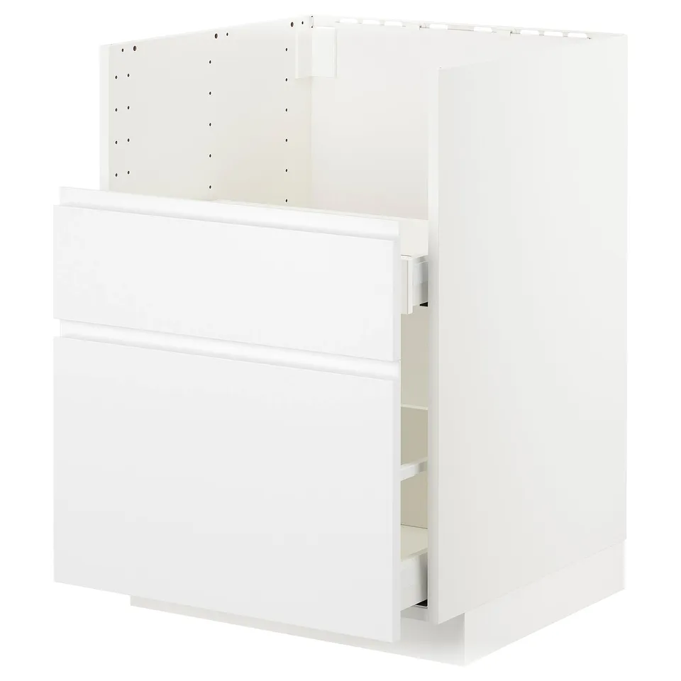 White METOD kitchen cabinet, modern, minimalist design, with three drawers and a shelf.