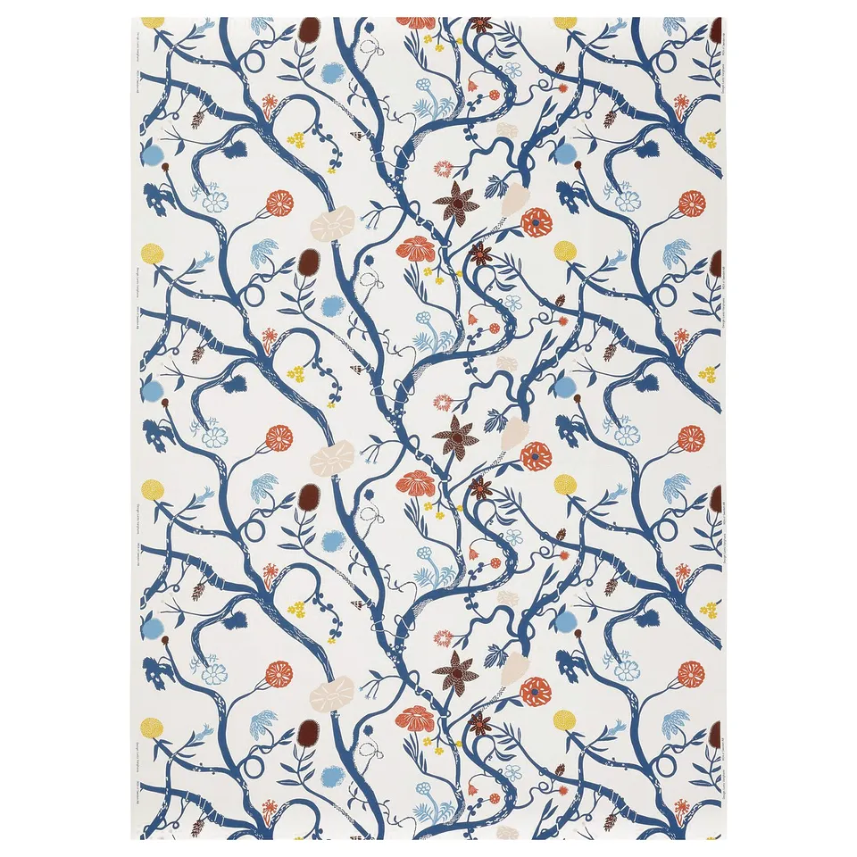 REVFINGERÖRT fabric: white base, blue floral branches, various coloured flowers, eco-friendly cotton.