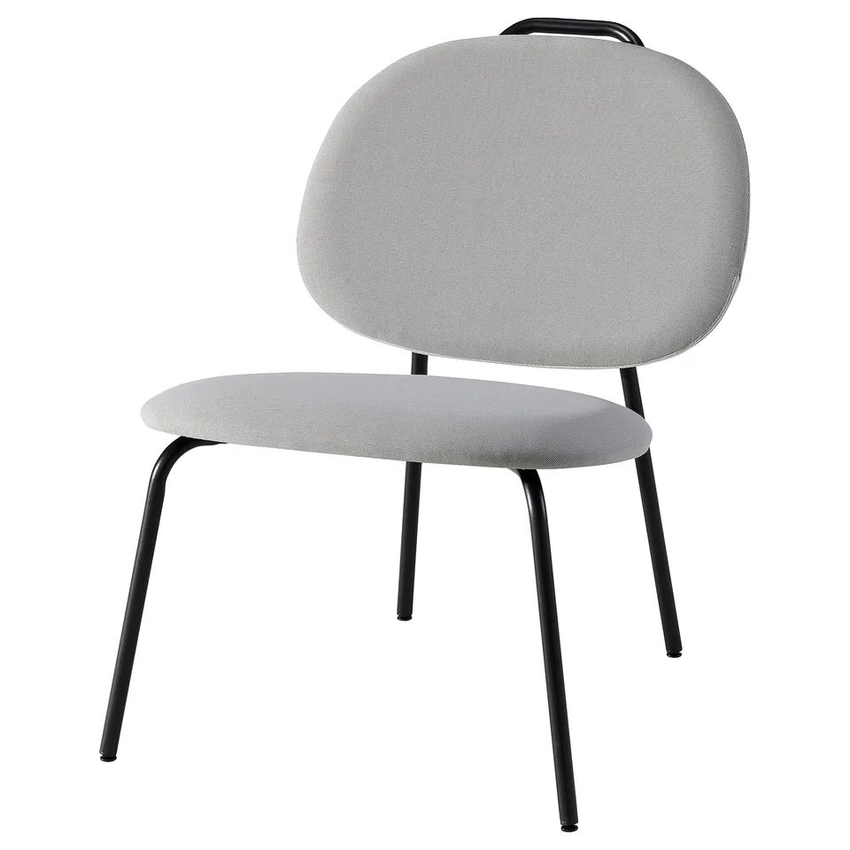 Modern, grey, curved chair with lightweight black metal legs, ideal for comfort and easy movement.