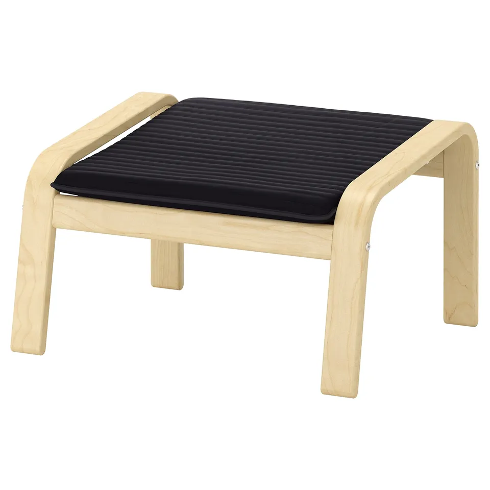 Black cushioned wooden footstool, simply designed with curved legs.