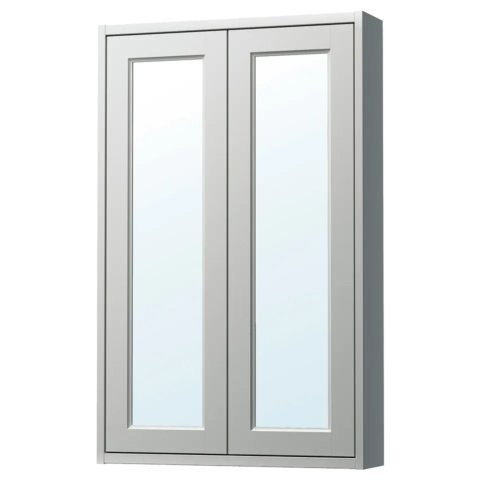 A TÄNNFORSEN light grey mirror wall cabinet with bevelled panels. It has a rectangular shape with two doors and a glass shelf inside.