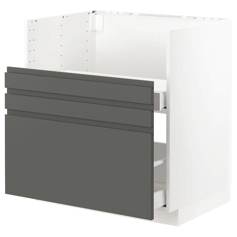 Modern METOD kitchen with dark grey voxtorp fronts, minimalist design, drawer and shelf storage.