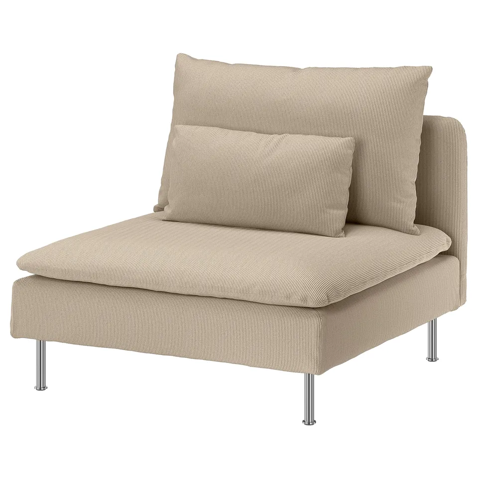 IKEA SÖDERHAMN beige chair, made of polyester. A single-seater with removable cover and metal legs.