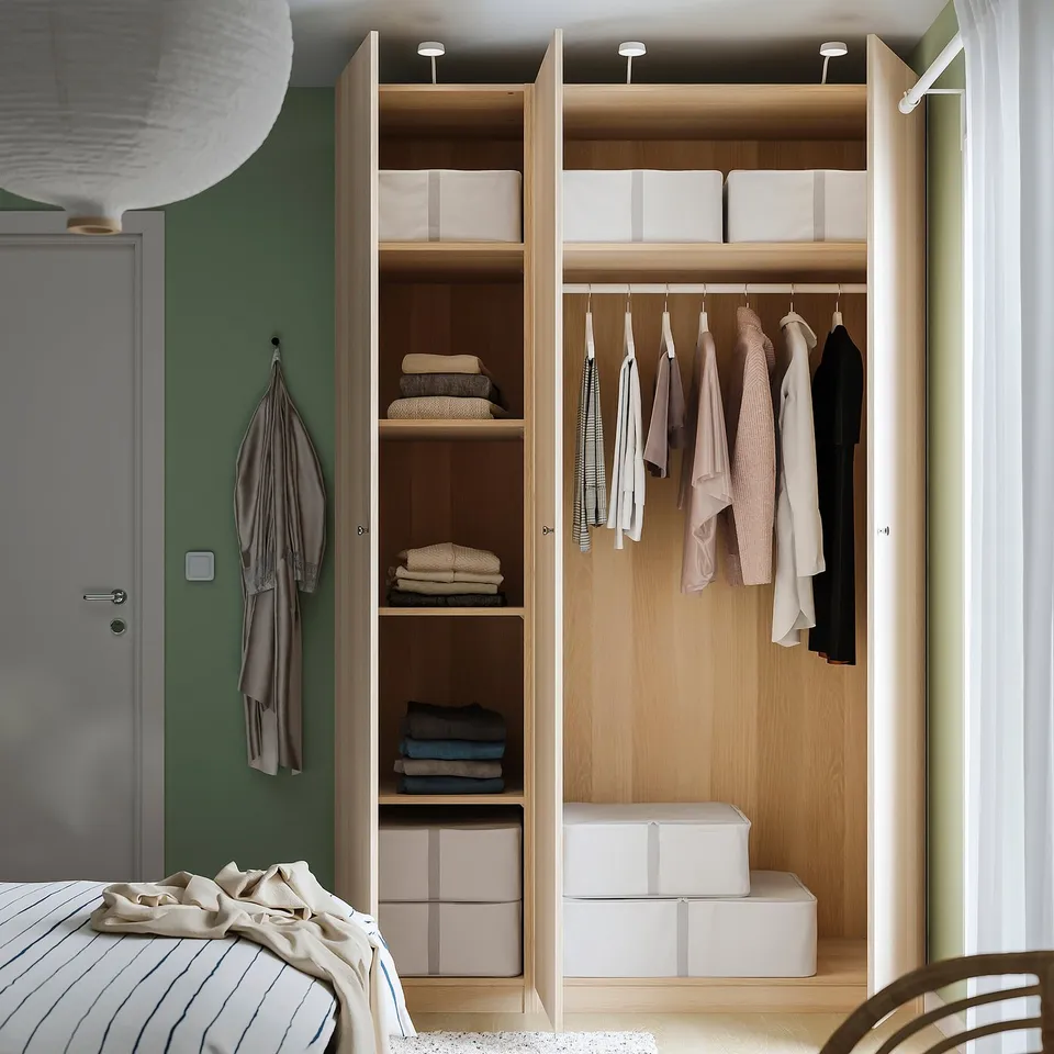 Open PAX closet with clothes and lighting.