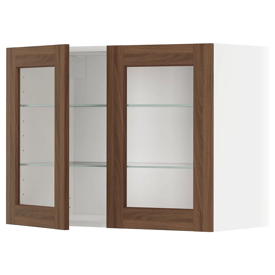 METOD kitchen wall unit, white & walnut, glass shelves, open doors.