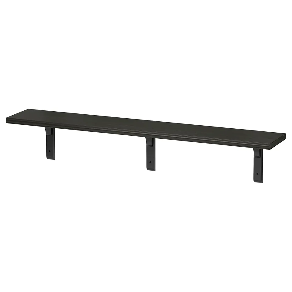 Black wall shelf, BERGSHULT. Rectangle shape, dark wood grain effect.